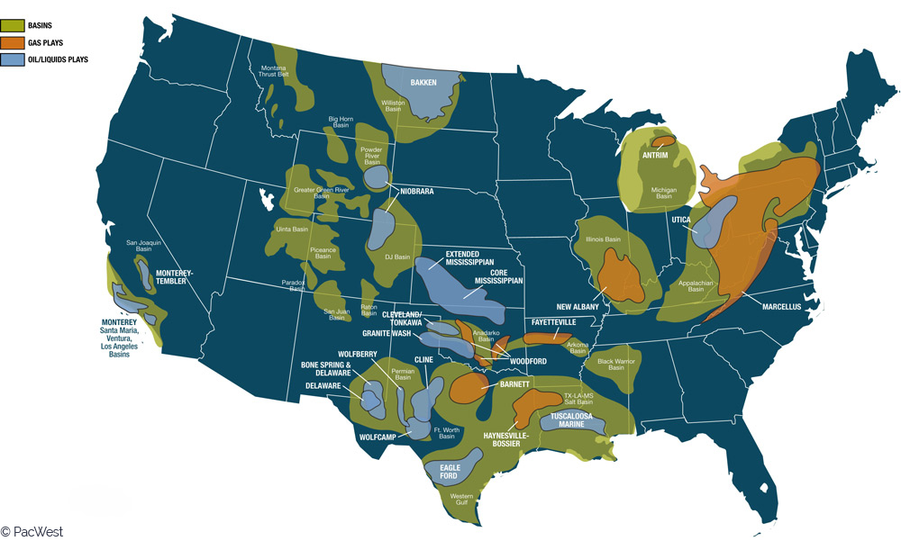 map by pacwest to show regions of gas plays basins and oil/liquid plays